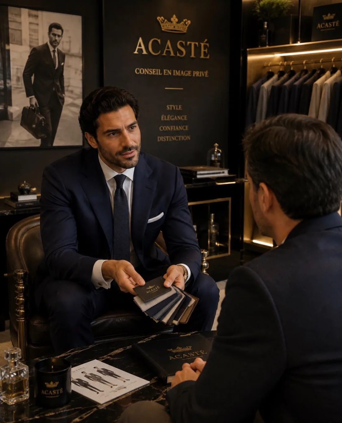 Conseiller en image en costume marine présentant des échantillons de tissu à un client, dans un salon privé à Paris