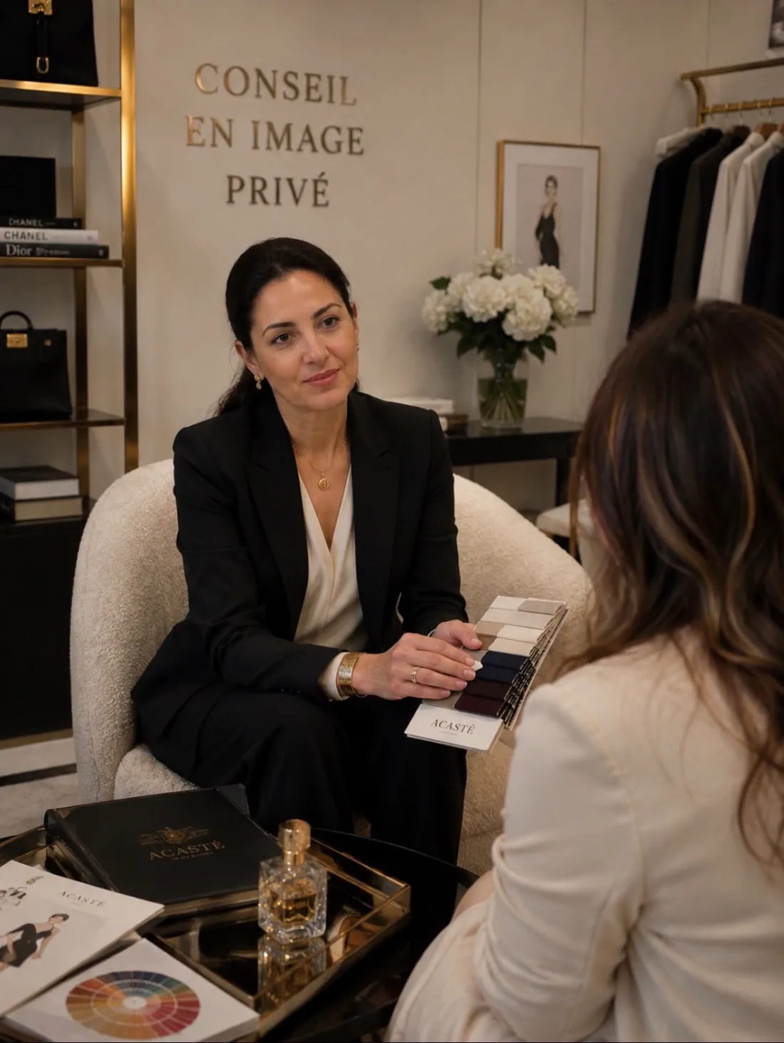 Conseillère en image en tailleur noir présentant un nuancier d'étoffes à une cliente, dans un salon privé à Paris